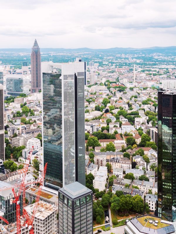 Aerial view of financial district in Frankfurt, Germany. Skyscrapers and high rise architecture Aerial view of financial district in Frankfurt, Germany. Skyscrapers and high rise architecture